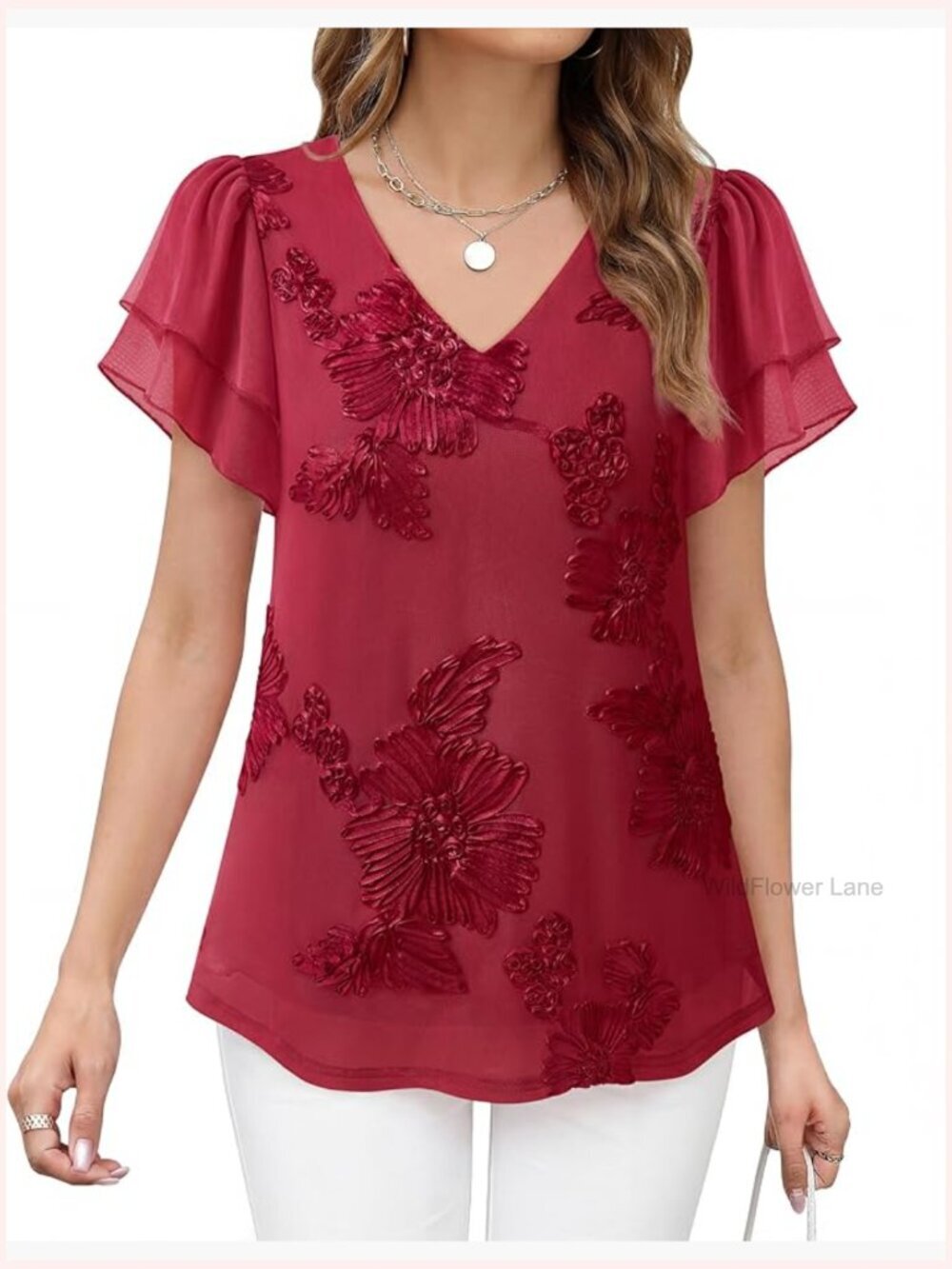 Ruffle Short Sleeve Floral Embroidered Tunic Blouse Summer Shirt